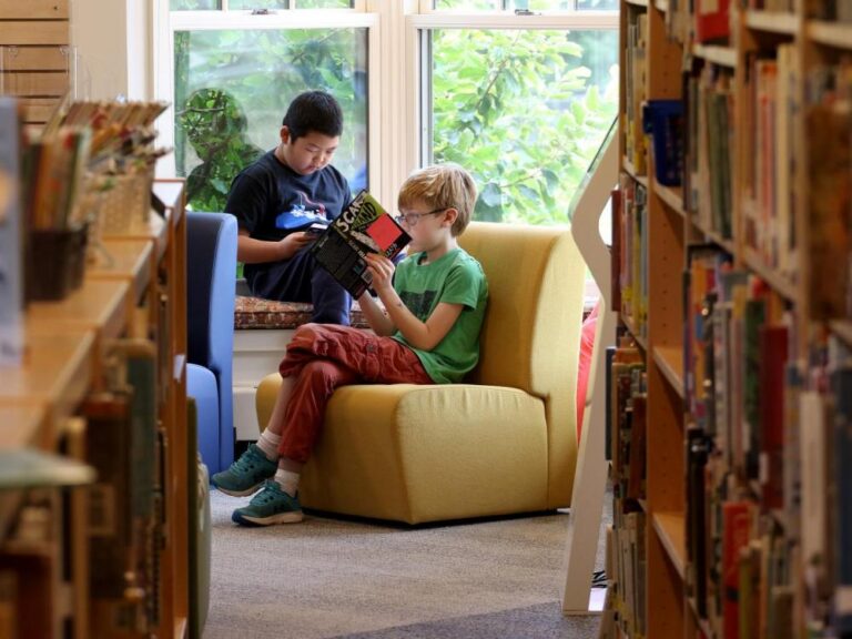 Two boys enjoy reading in the library