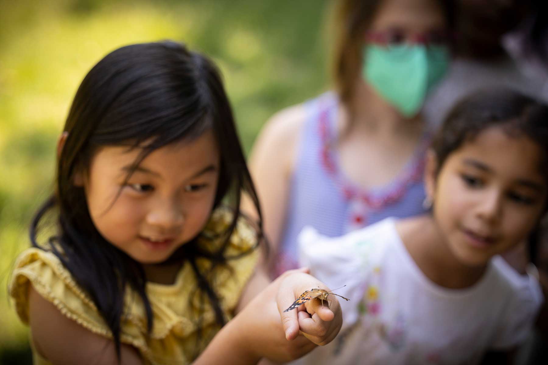 A girl holds a butterfly on her finger as classmates look on