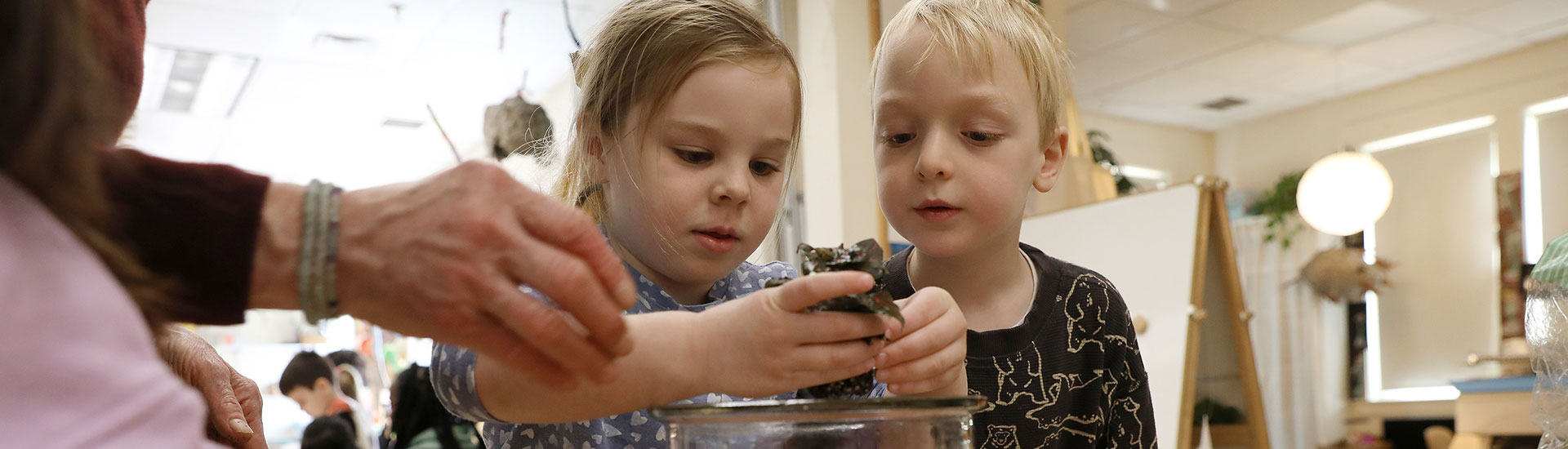 Two pre-k students build a terrarium together